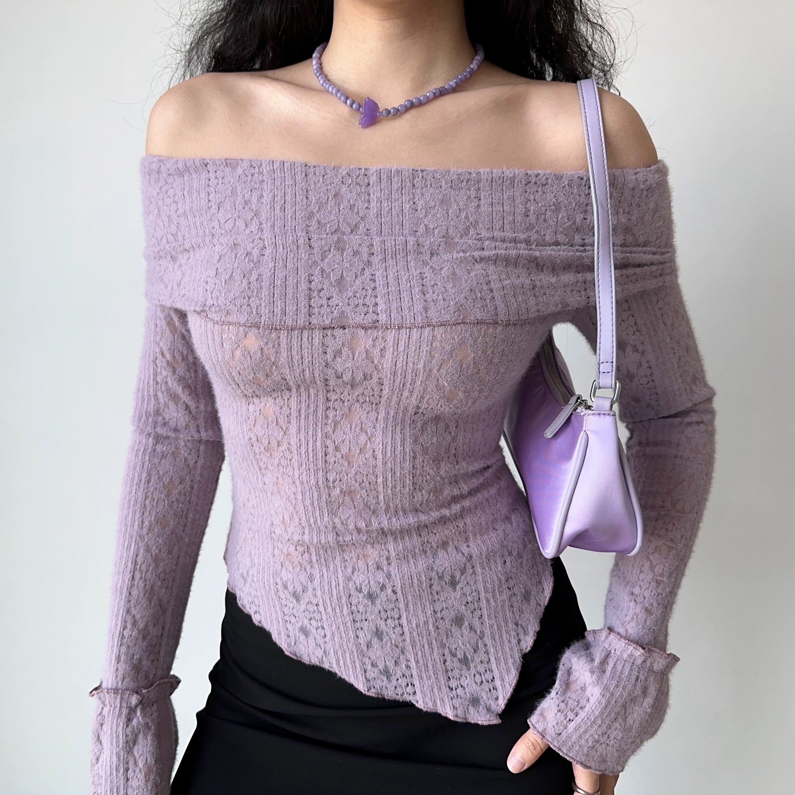 Cutout Off-Shoulder Knit Long-Sleeved T-Shirt HA2968
