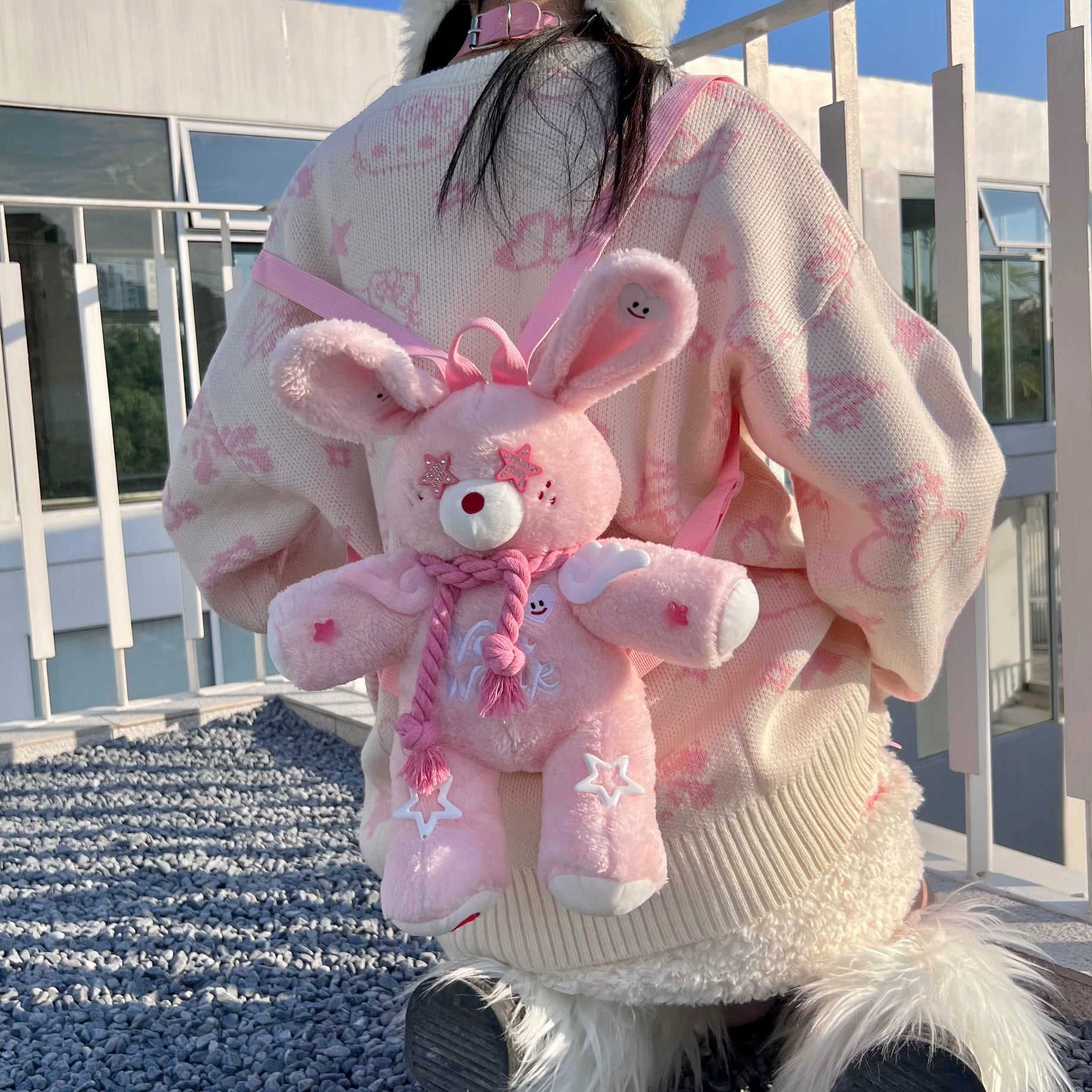 Pink rabbit five-pointed star plush backpack HA2409