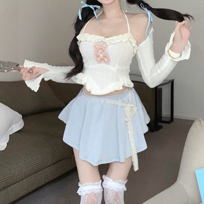 Sweet Bear Three-piece Suspender Cardigan Short Skirt   HA1893