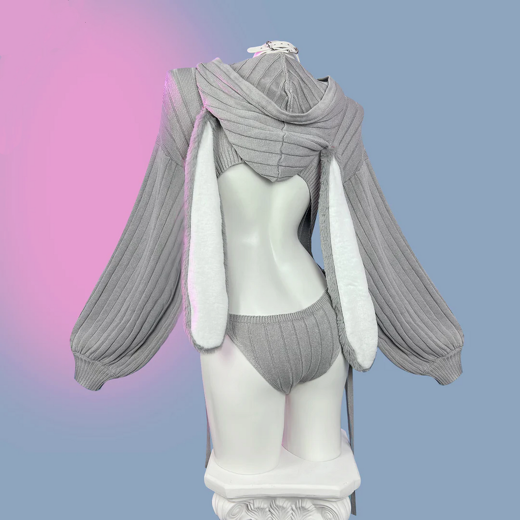Chic Grey Bunny Ear Hoodie Bodysuit KO64
