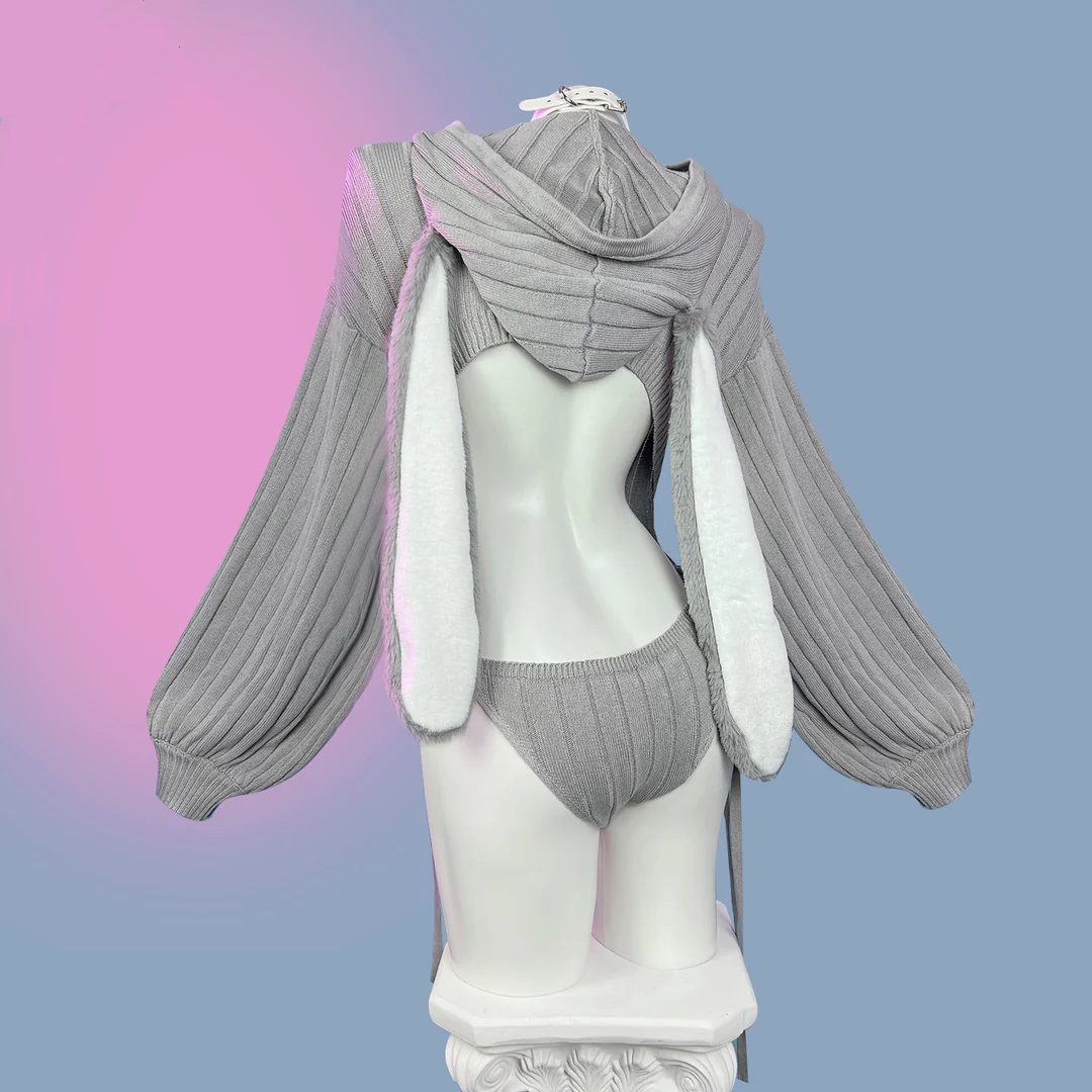 Chic Grey Bunny Ear Hoodie Bodysuit KO64