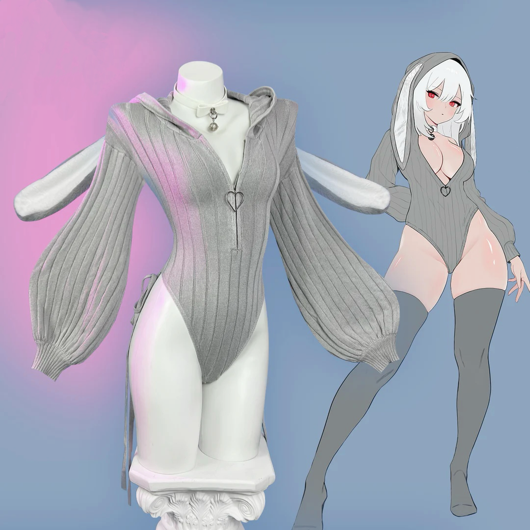Chic Grey Bunny Ear Hoodie Bodysuit KO64
