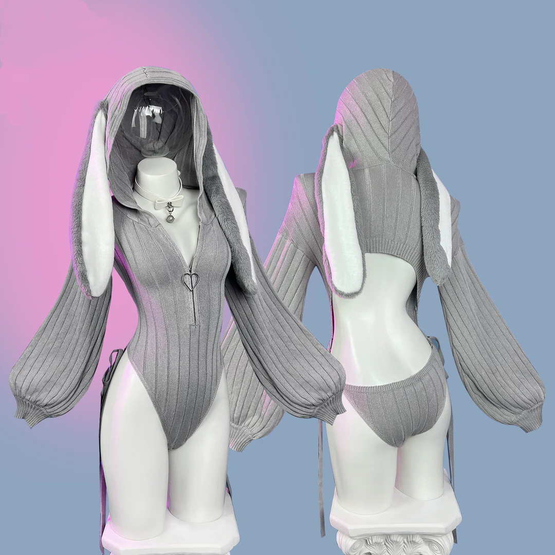 Chic Grey Bunny Ear Hoodie Bodysuit KO64