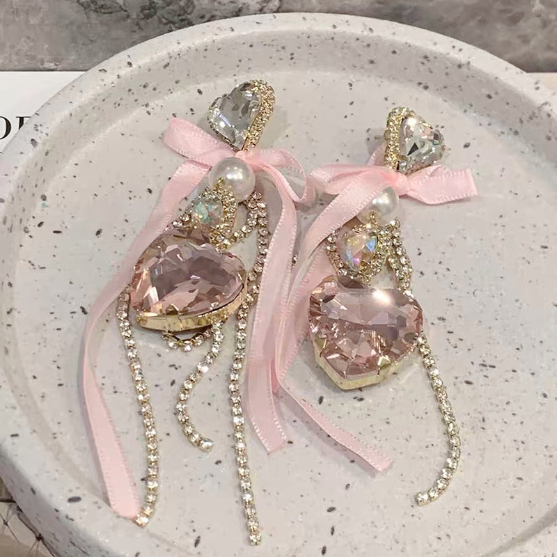 Girly pink bow rhinestone earrings  HA1970