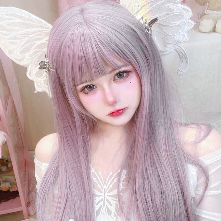 Gray purple long straight wig HA2589