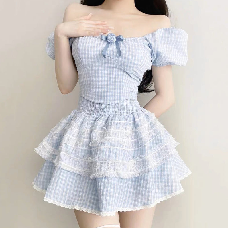 Fresh blue plaid top fluffy cake two-piece suit skirt   HA1977