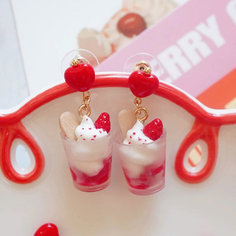 Strawberry Mousse Ice Cream Silver Earrings Ear Clips  HA2031
