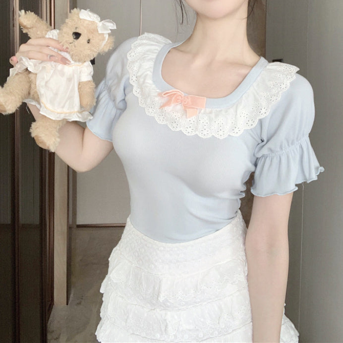 Puff Sleeve U-Neck White T-Shirt HA2039