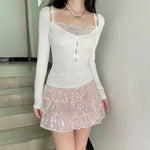 Lace knitted long sleeve T-shirt HA2607