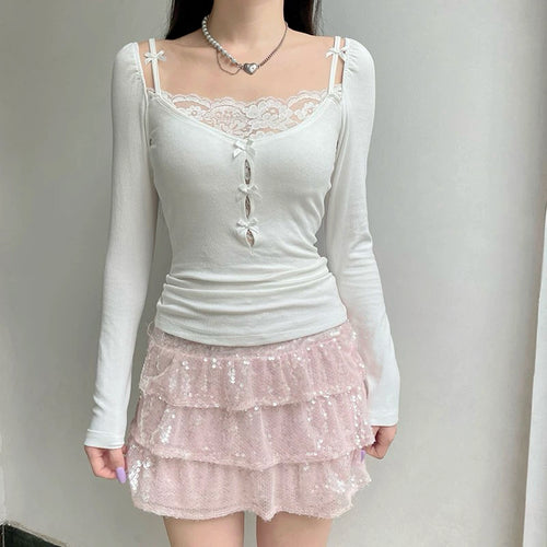 Lace knitted long sleeve T-shirt HA2607