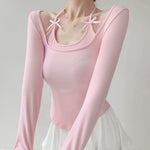 Bow halter neck long-sleeved T-shirt HA2335