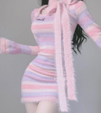 Striped Long Sleeve Halter Neck Dress   HA2162