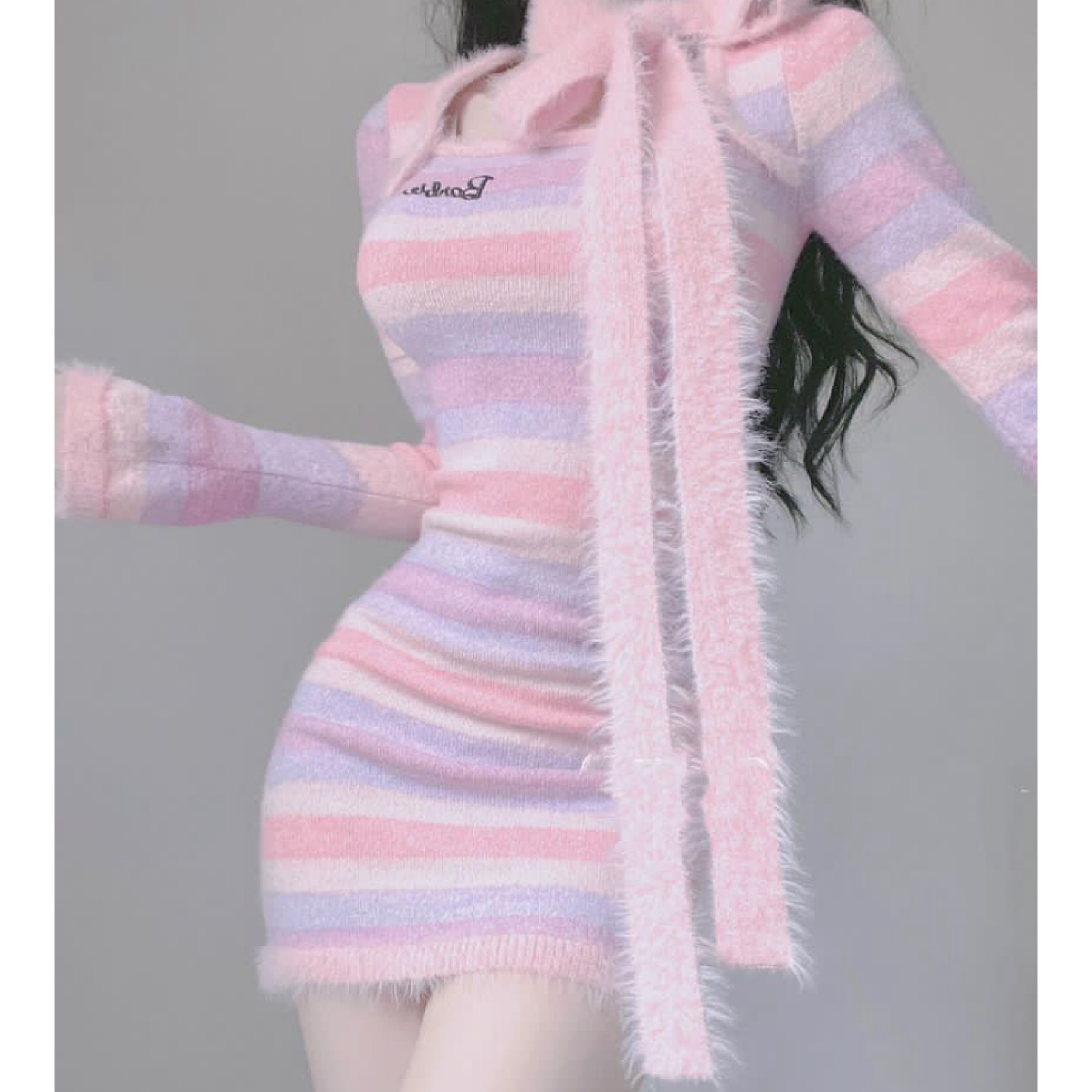 Striped Long Sleeve Halter Neck Dress   HA2162