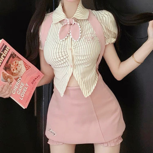 Striped Short Sleeve Shirt Pink Skirt Two-Piece Set  HA2175