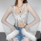 Plush-paneled mesh blouse    HA2188