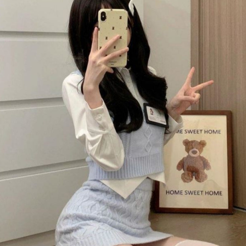 Knitted Vest + White Shirt + Hip Skirt Three-piece Set  HA2204