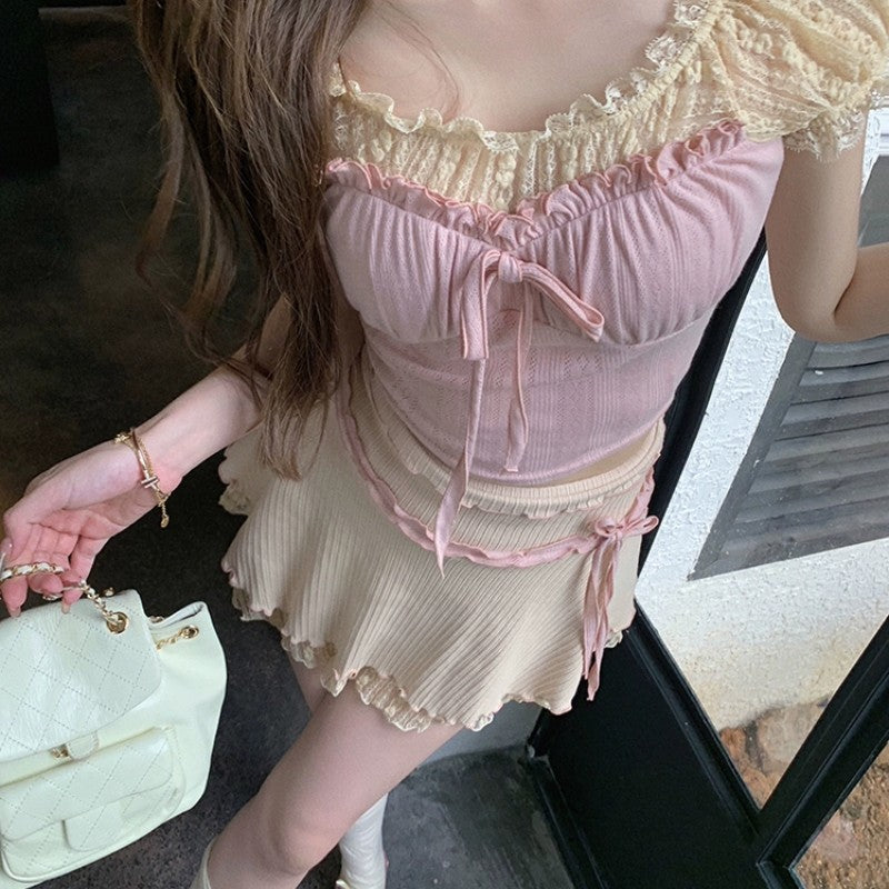Knitted Lace Top A-Line Skirt Sweet Two-piece Set   HA2024