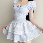 Fresh blue plaid top fluffy cake two-piece suit skirt   HA1977
