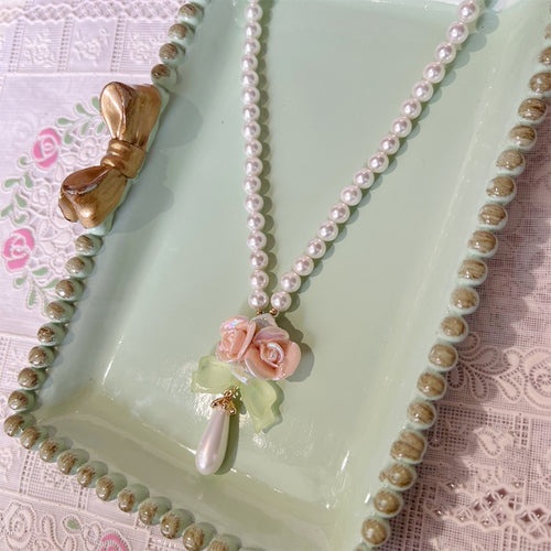 Ceramic Rose Pearl Necklace Earrings   HA1842