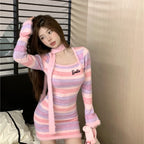 Striped Long Sleeve Halter Neck Dress   HA2162