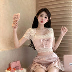 Sweet bow stitching pink T-shirt   HA1868