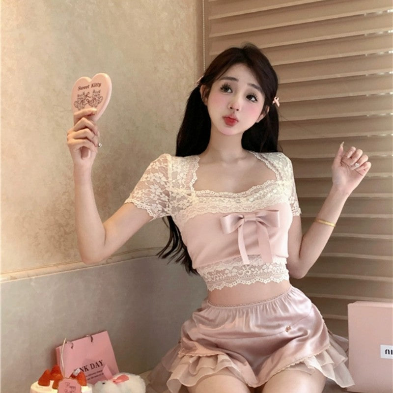 Sweet bow stitching pink T-shirt   HA1868