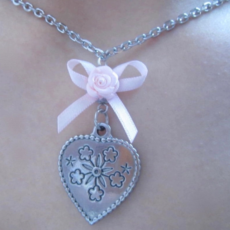 Pink Heart Rose Butterfly Necklace   HA2177