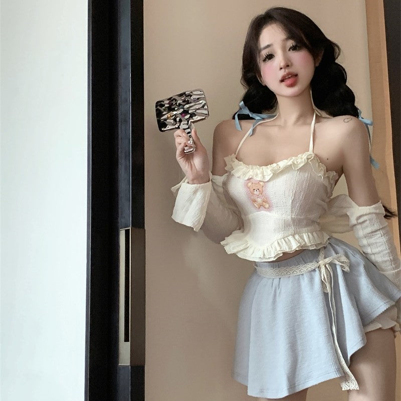 Sweet Bear Three-piece Suspender Cardigan Short Skirt   HA1893