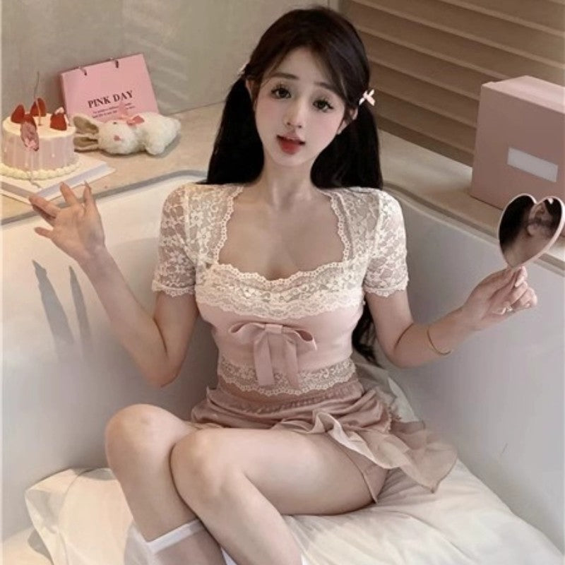 Sweet bow stitching pink T-shirt   HA1868