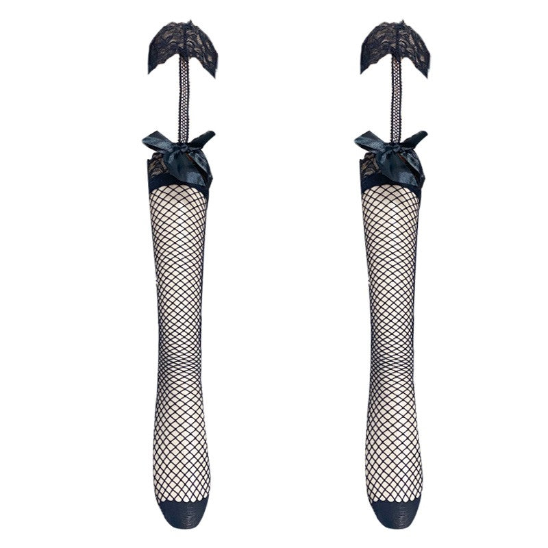 Black silk fishnet socks with bow   HA1801