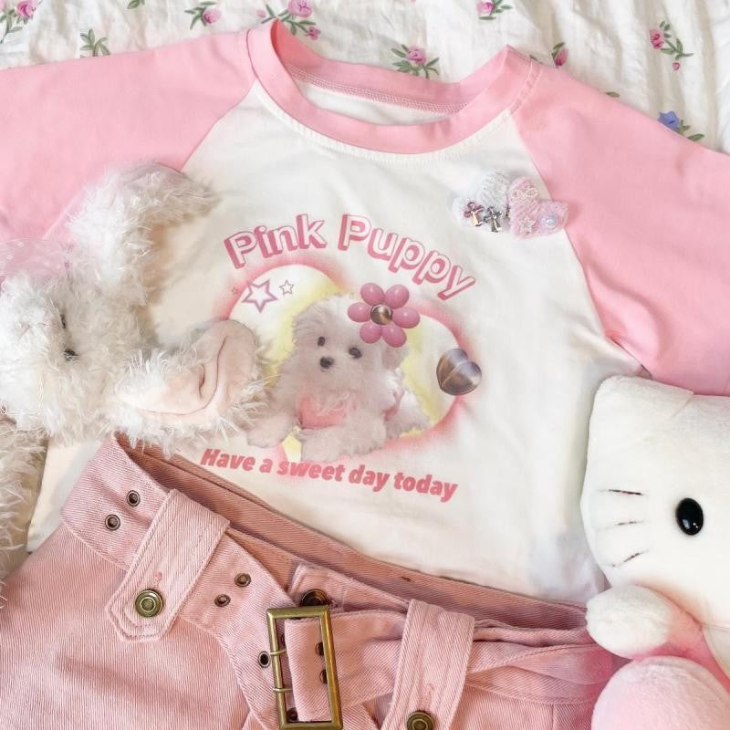 Love puppy print short-sleeved white T-shirt   HA2129