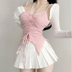 Short Cardigan + Halter Neck Strap + Pleated Skirt Three-piece Suit   HA2163