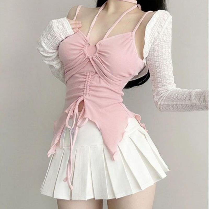 Short Cardigan + Halter Neck Strap + Pleated Skirt Three-piece Suit   HA2163