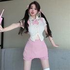Striped Short Sleeve Shirt Pink Skirt Two-Piece Set  HA2175