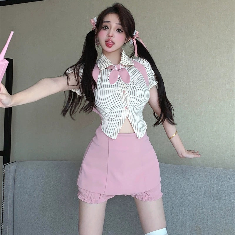 Striped Short Sleeve Shirt Pink Skirt Two-Piece Set  HA2175