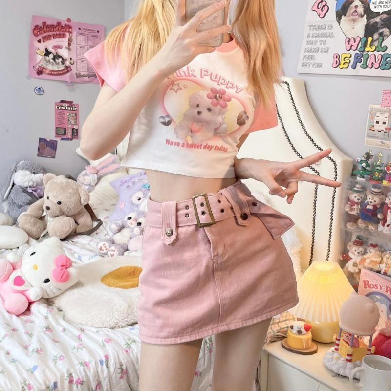 Love puppy print short-sleeved white T-shirt   HA2129