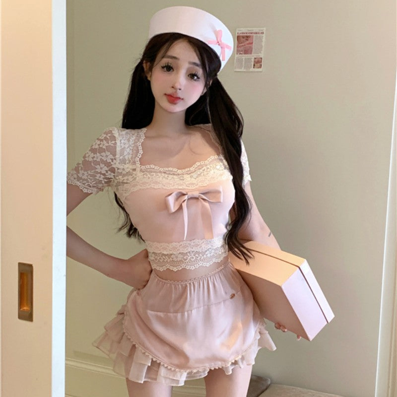 Sweet bow stitching pink T-shirt   HA1868