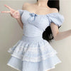 Fresh blue plaid top fluffy cake two-piece suit skirt   HA1977