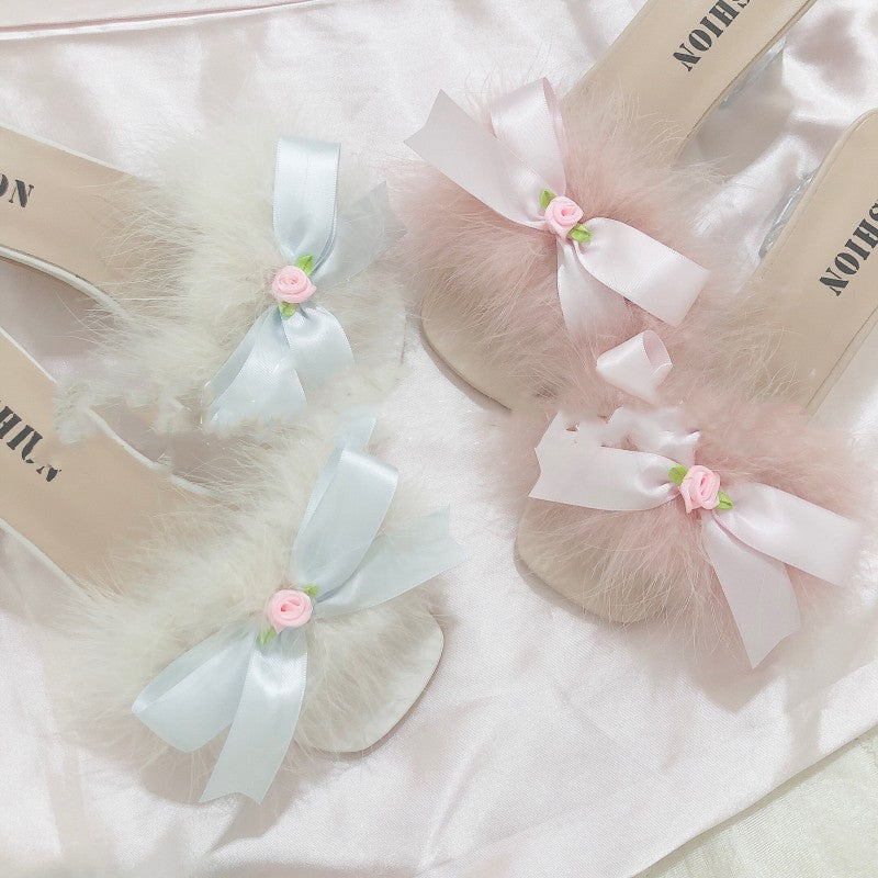 Sweet bow furry chunky heel sandals   HA1913