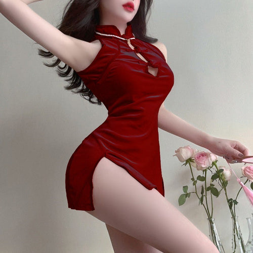 Slit Velvet Hollow Improved Cheongsam   HA2125