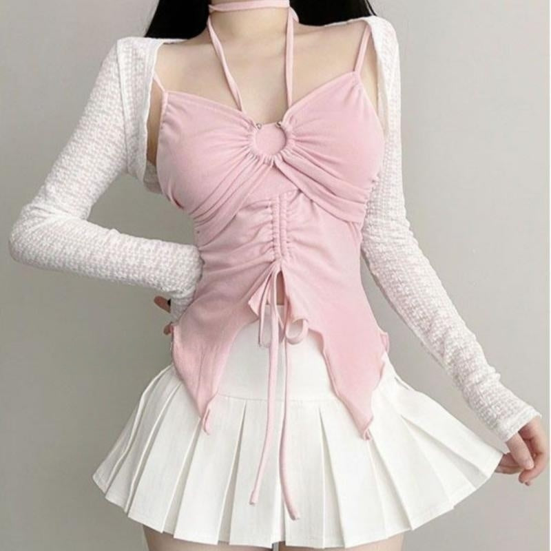 Short Cardigan + Halter Neck Strap + Pleated Skirt Three-piece Suit   HA2163