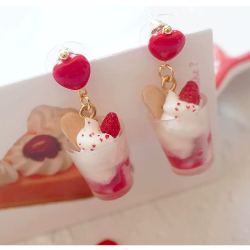 Strawberry Mousse Ice Cream Silver Earrings Ear Clips  HA2031