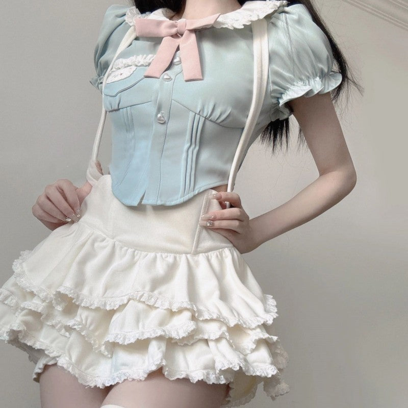 Doll collar top suspenders cake skirt sweet two-piece set   HA1955