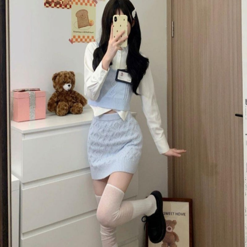 Knitted Vest + White Shirt + Hip Skirt Three-piece Set  HA2204