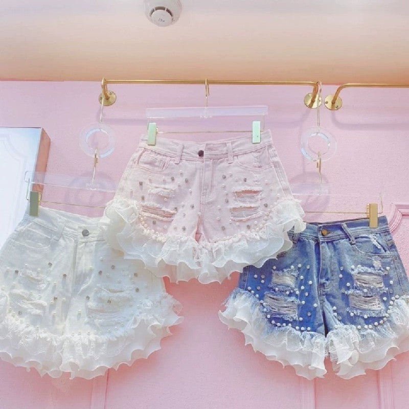 Chiffon lace ripped jeans   HA1840