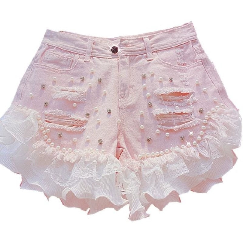 Chiffon lace ripped jeans   HA1840