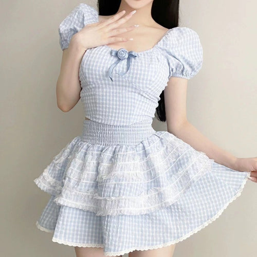 Fresh blue plaid top fluffy cake two-piece suit skirt   HA1977