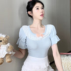 Puff Sleeve U-Neck White T-Shirt HA2039