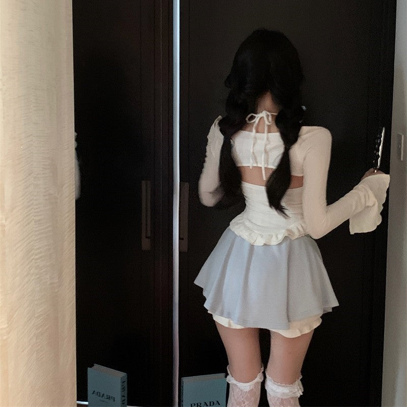 Sweet Bear Three-piece Suspender Cardigan Short Skirt   HA1893