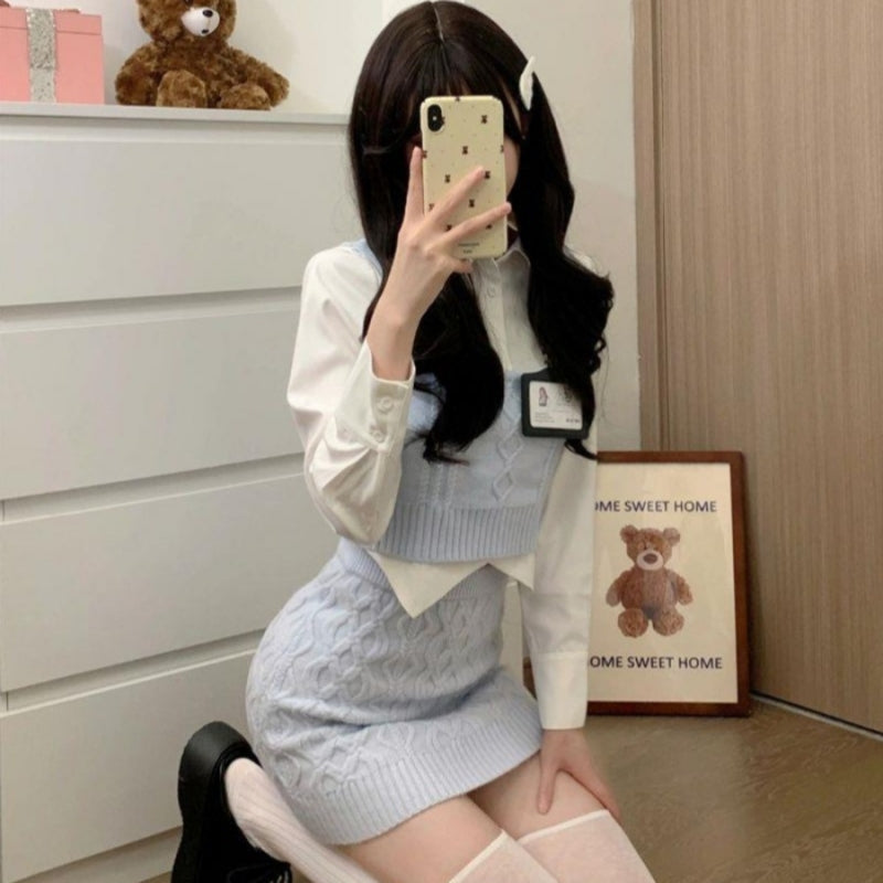 Knitted Vest + White Shirt + Hip Skirt Three-piece Set  HA2204